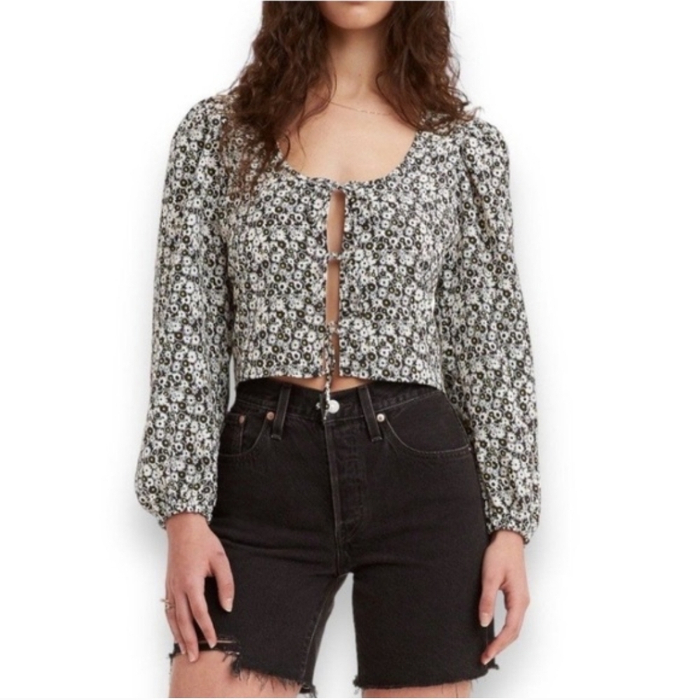 Levi's Embry Black & White Floral Tie Front Long Sleeve Cropped Blouse Top Med
